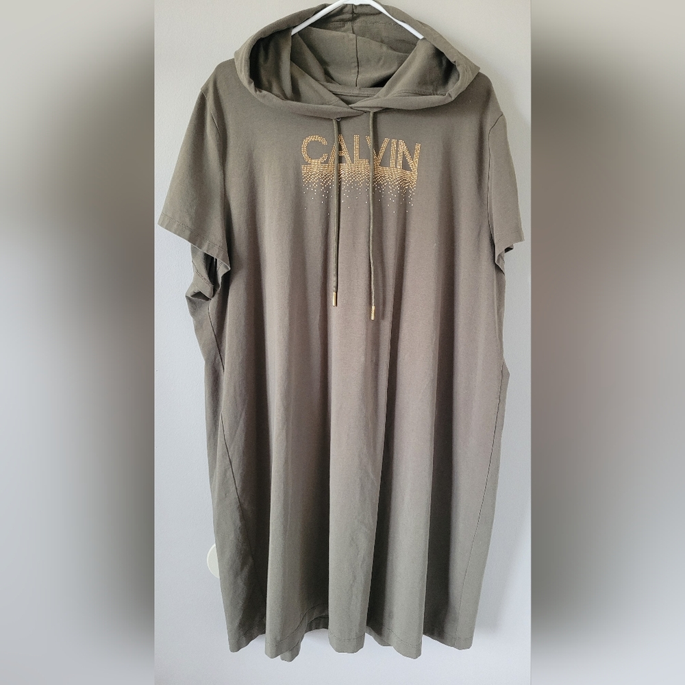 Calvin Klein Khaki/Olive Green Hooded Dress with Gold Logo Stretch Cotton 2X - Picture 15 of 15